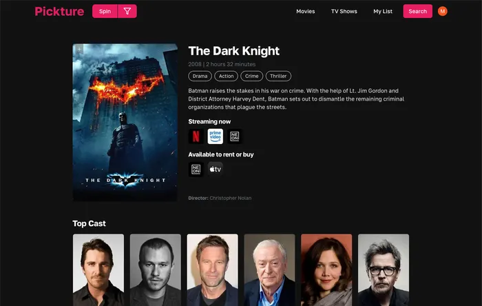 Screenshot of Pickture app movie page on desktop