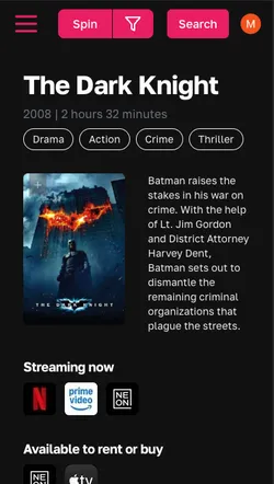 Screenshot of Pickture app movie page on mobile