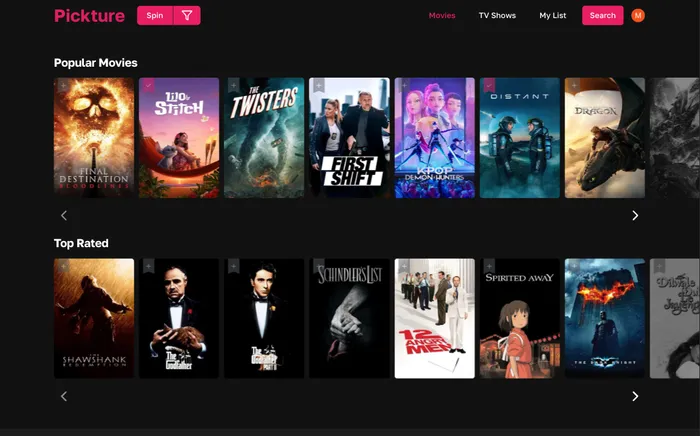 Screenshot of Pickture app movies page on desktop